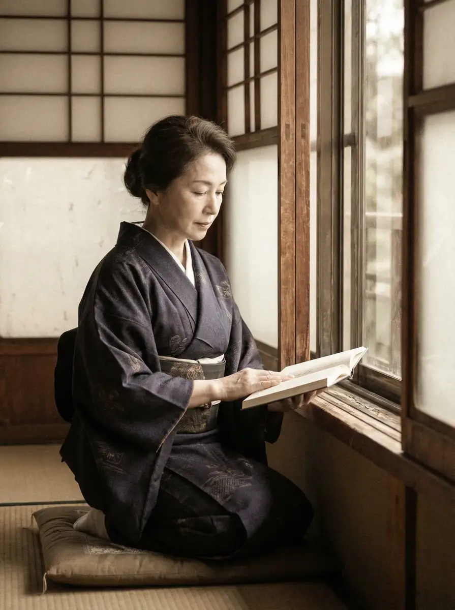 一位优雅的五十岁 佐藤穂乃花 身穿深蓝色和服，在窗边静读