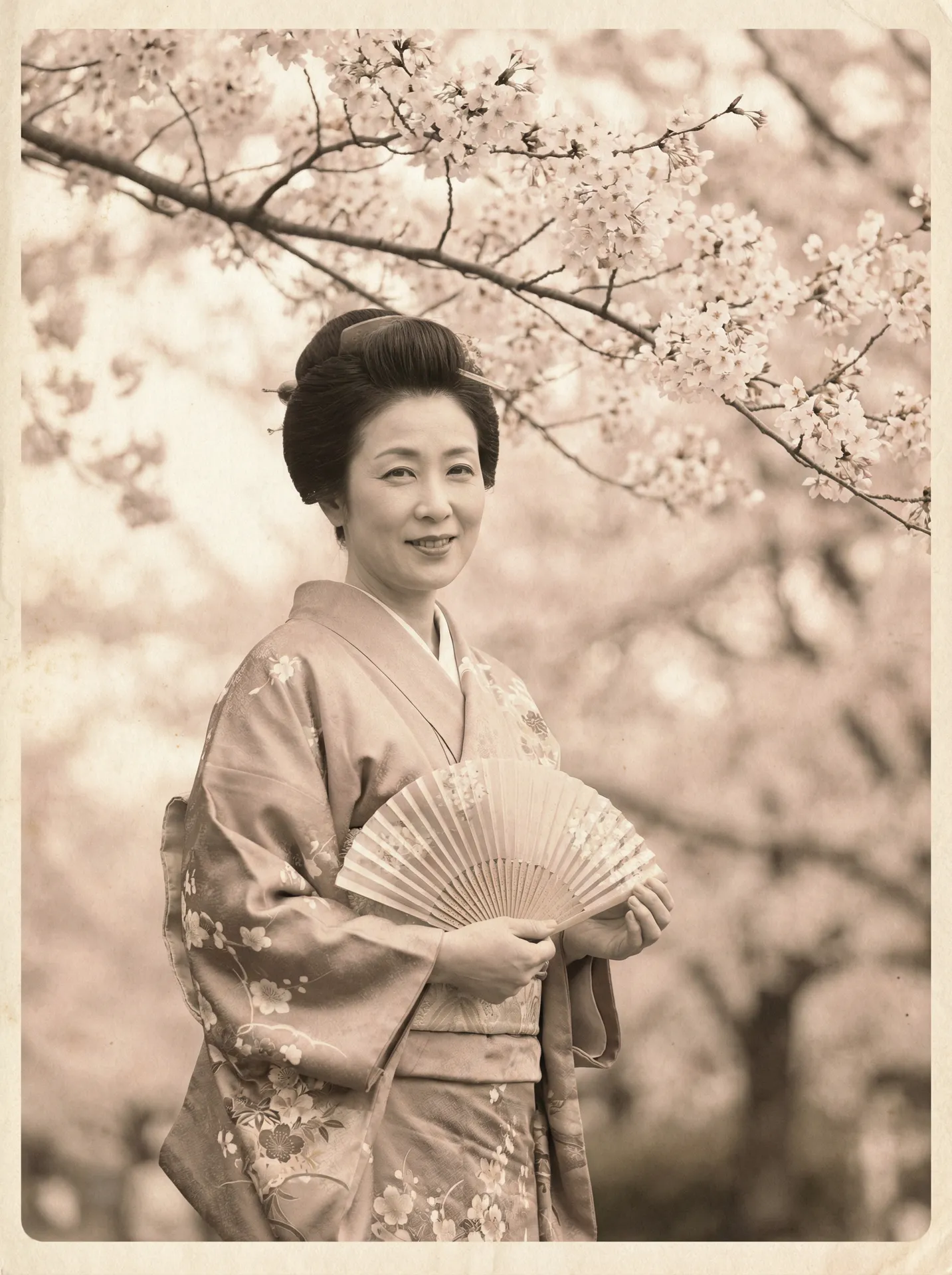 一位持扇的优雅 佐藤穂乃花 在樱花树下的复古写真